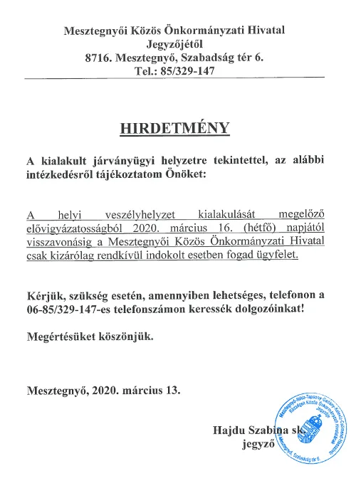 hirdetmeny ugyfelfogadas valtozas virus miatt